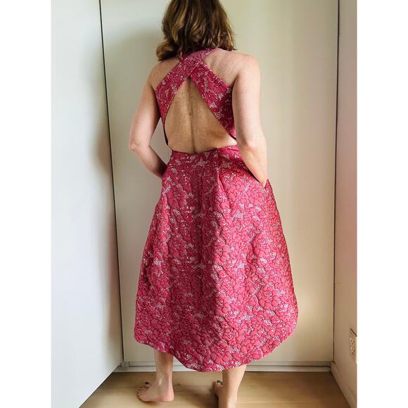 ML Monique Lhuillier Lace Pattern High Low Formal Dress Red white SZ SM Pockets - Picture 5 of 16